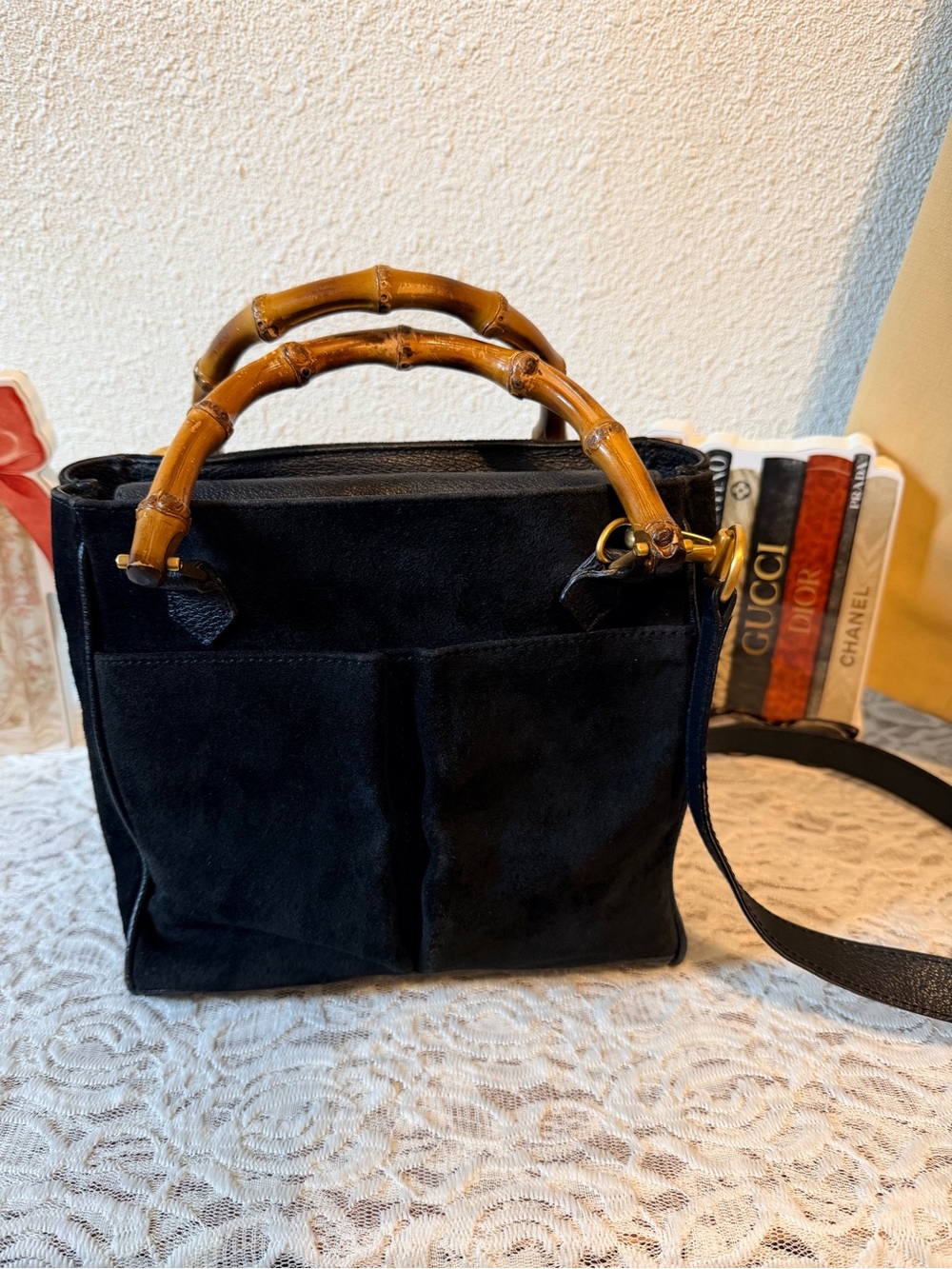 Gucci Black Suede Satchel with Bamboo Handles